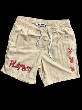Pac sun PLAYBOY Beige Shorts with Red Bunny Accents Mens Med.